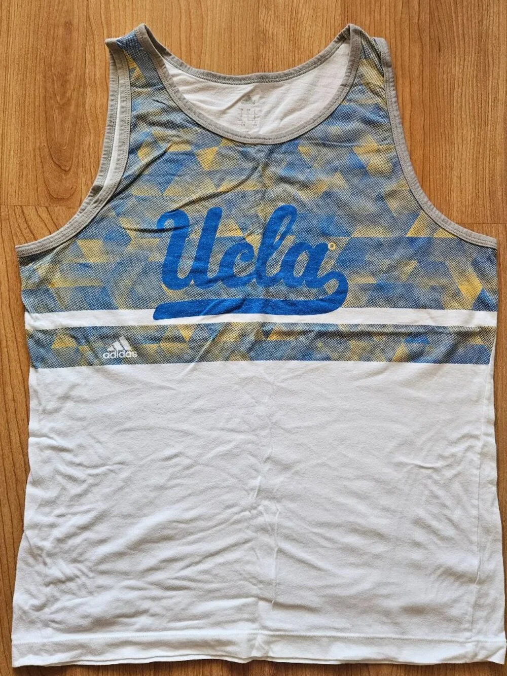 Soft!! Men's Adidas geometric print tank - white, blue, yellow, and gray - Large - Picture 1 of 3